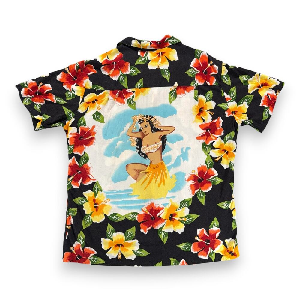 Vintage Kennington Hawaiian Shirt Adult LARGE Black Hula Girl Floral Aloha 90s